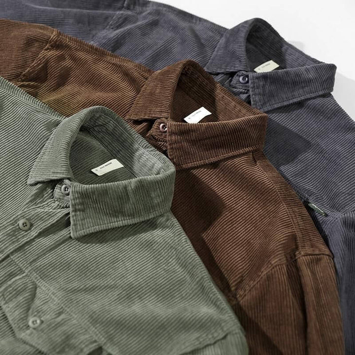 "Classic men's corduroy shirt with long sleeves, retro buttons, and a sleek fit in versatile colors for casual or formal wear