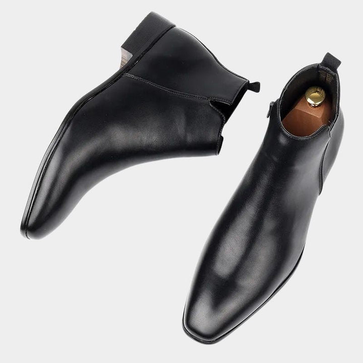 Classic retro men's leather boots with side zip, black color, showcasing high-quality material and vintage design.