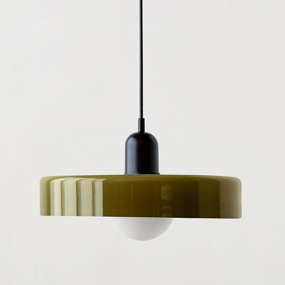 "Colourful glass pendant lamp in Bauhaus style featuring red, green, pink, and yellow stained glass for artistic decor."