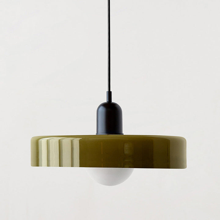 "Colourful glass pendant lamp in Bauhaus style featuring red, green, pink, and yellow stained glass for artistic decor."