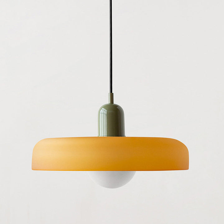 "Colourful glass pendant lamp in Bauhaus style featuring red, green, pink, and yellow stained glass for artistic decor."
