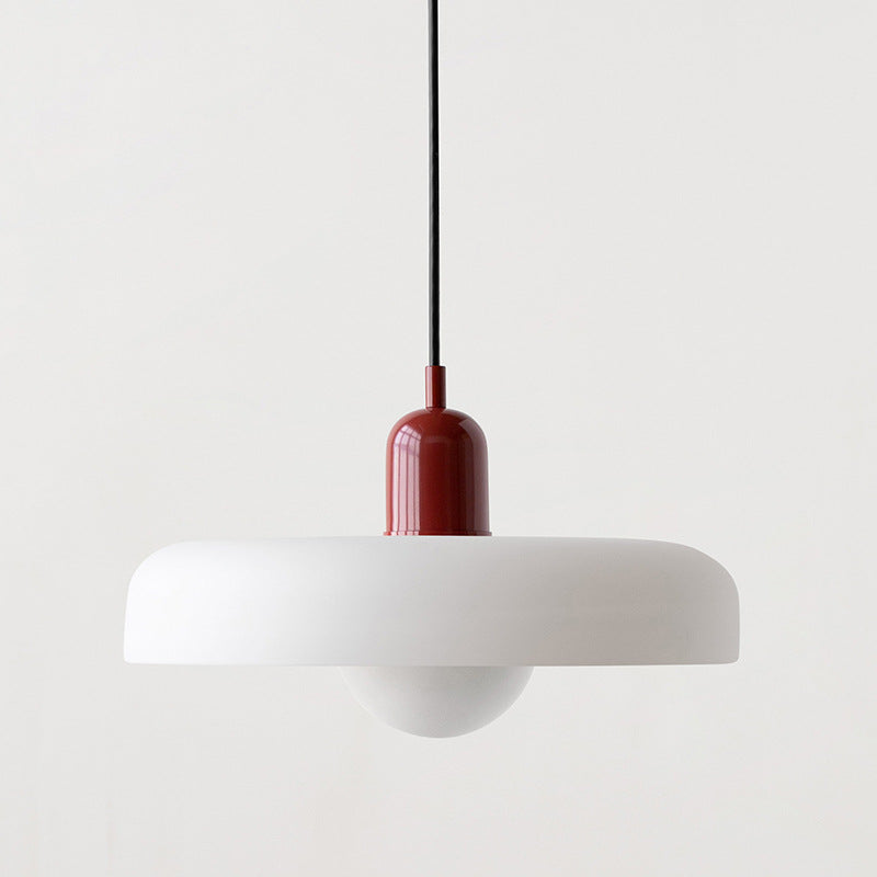 "Colourful glass pendant lamp in Bauhaus style featuring red, green, pink, and yellow stained glass for artistic decor."