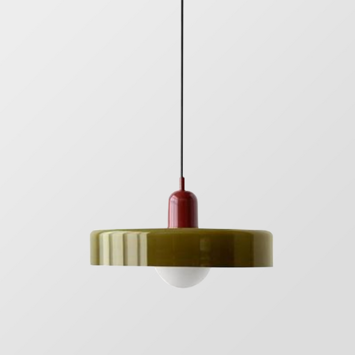 "Colourful glass pendant lamp in Bauhaus style featuring red, green, pink, and yellow stained glass for artistic decor."
