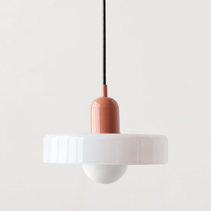 "Colourful glass pendant lamp in Bauhaus style featuring red, green, pink, and yellow stained glass for artistic decor."