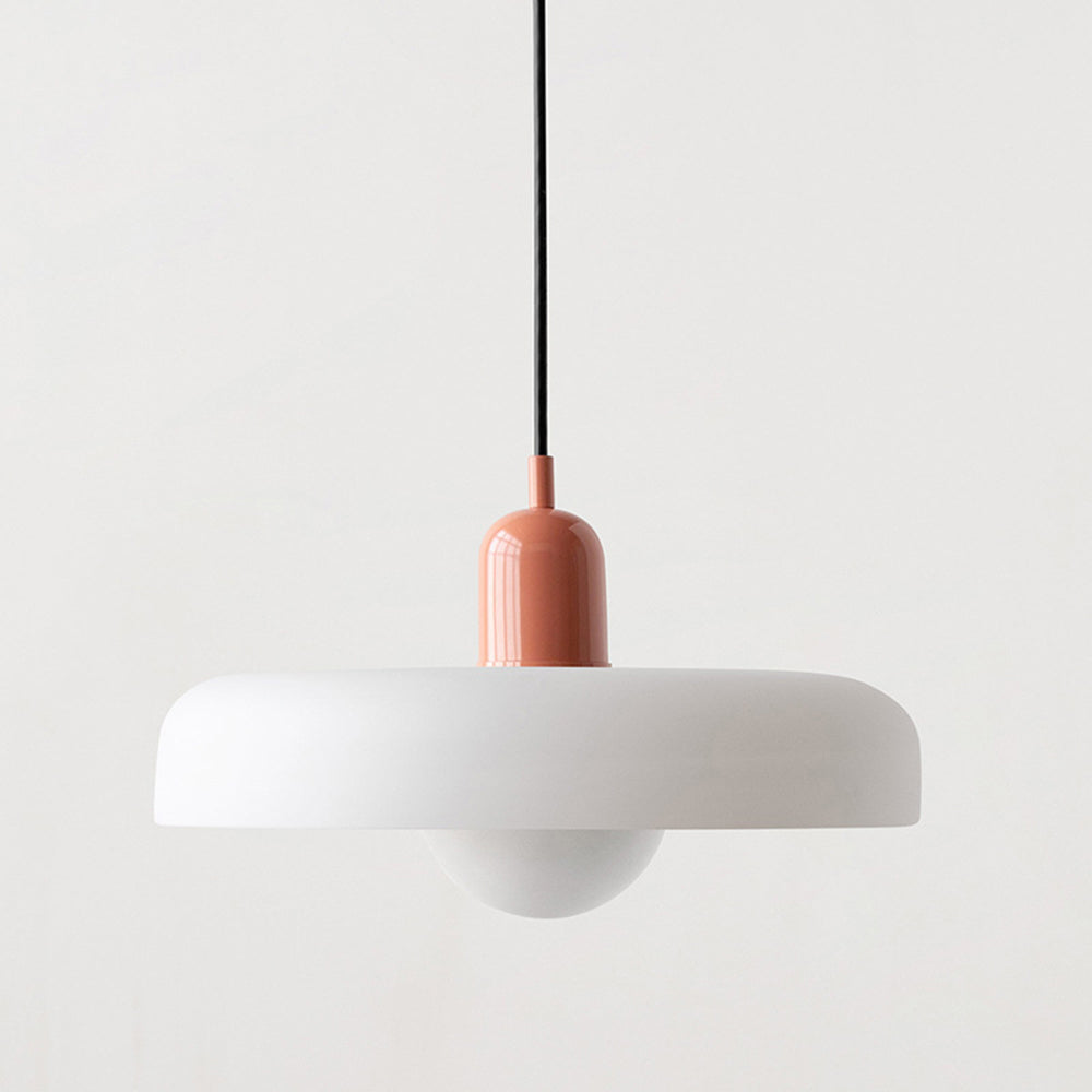 "Colourful glass pendant lamp in Bauhaus style featuring red, green, pink, and yellow stained glass for artistic decor."