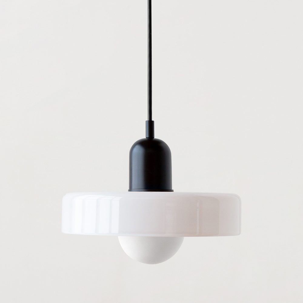 "Colourful glass pendant lamp in Bauhaus style featuring red, green, pink, and yellow stained glass for artistic decor."