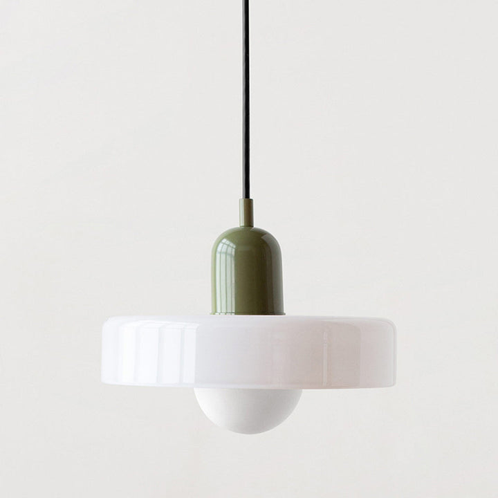 "Colourful glass pendant lamp in Bauhaus style featuring red, green, pink, and yellow stained glass for artistic decor."