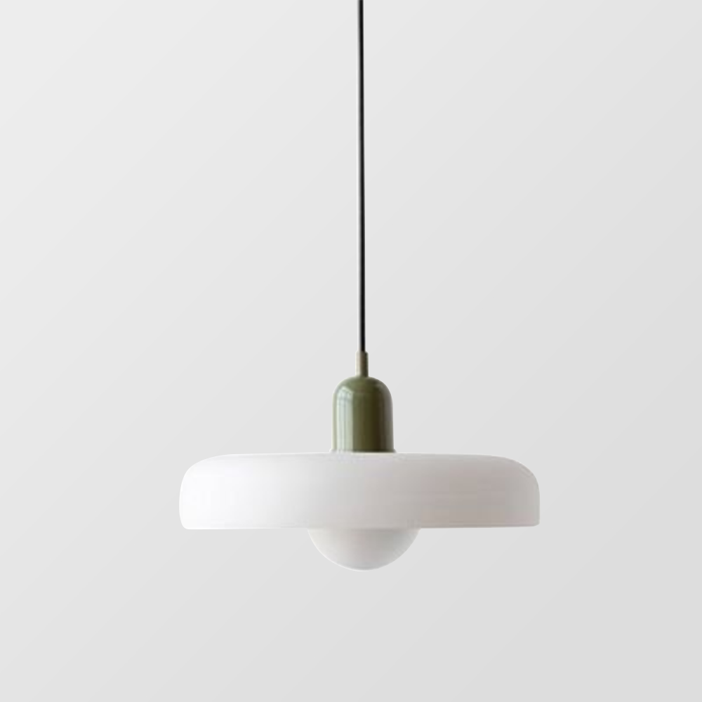 "Colourful glass pendant lamp in Bauhaus style featuring red, green, pink, and yellow stained glass for artistic decor."