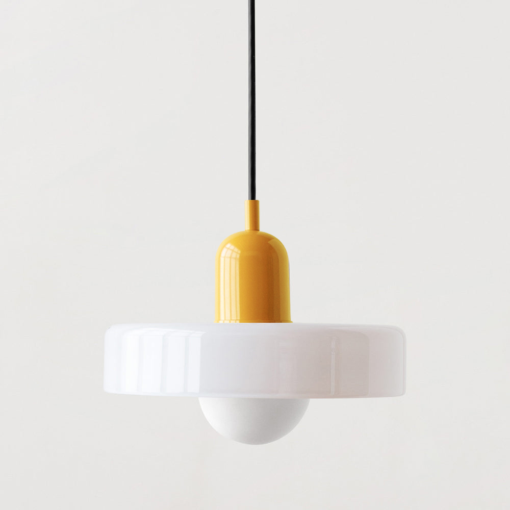 "Colourful glass pendant lamp in Bauhaus style featuring red, green, pink, and yellow stained glass for artistic decor."