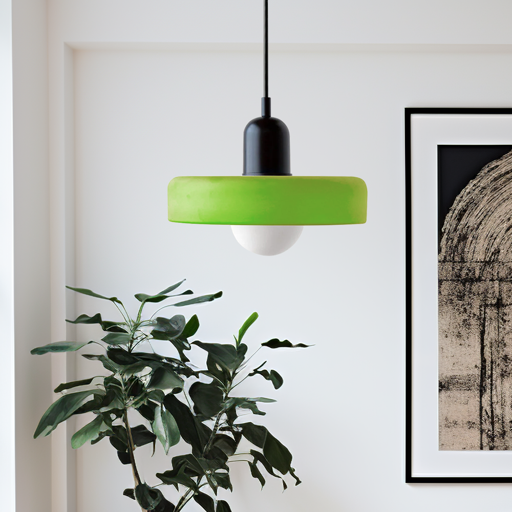 "Colourful glass pendant lamp in Bauhaus style featuring red, green, pink, and yellow stained glass for artistic decor."