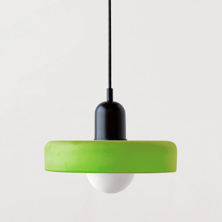 "Colourful glass pendant lamp in Bauhaus style featuring red, green, pink, and yellow stained glass for artistic decor."