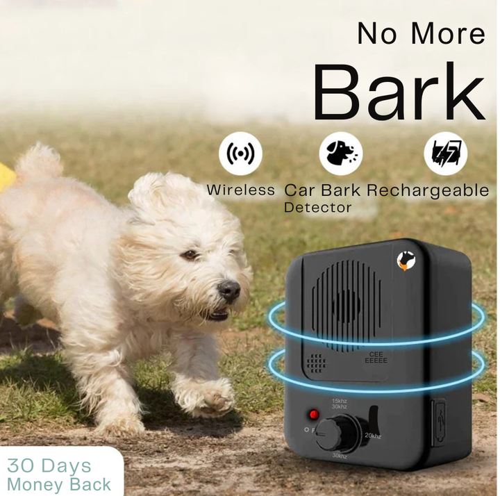 "Compact automatic bark stopper for dogs, uses ultrasonic technology, black and water-resistant, ideal for peace at home."