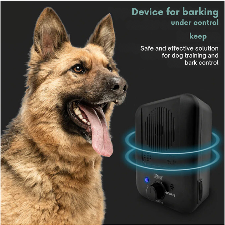 "Compact automatic bark stopper for dogs, uses ultrasonic technology, black and water-resistant, ideal for peace at home."