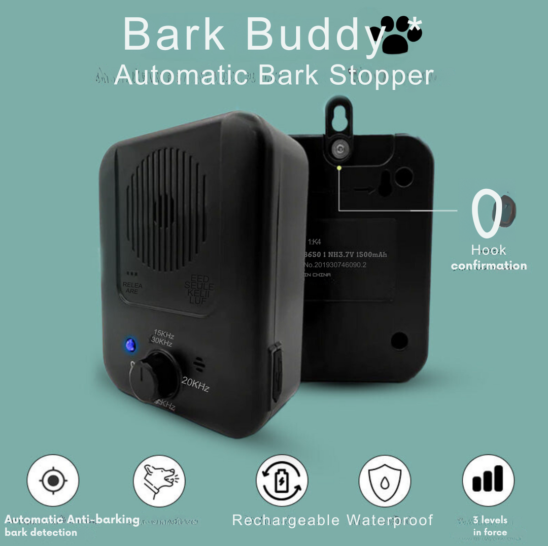 "Compact automatic bark stopper for dogs, uses ultrasonic technology, black and water-resistant, ideal for peace at home."