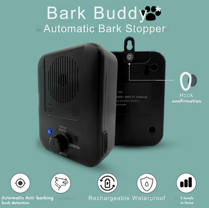 "Compact automatic bark stopper for dogs, uses ultrasonic technology, black and water-resistant, ideal for peace at home."
