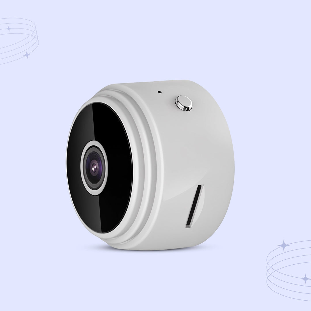 "Compact black wireless indoor security camera with 360° view, ideal for home safety. Captures 1080P HD video, WiFi-enabled."