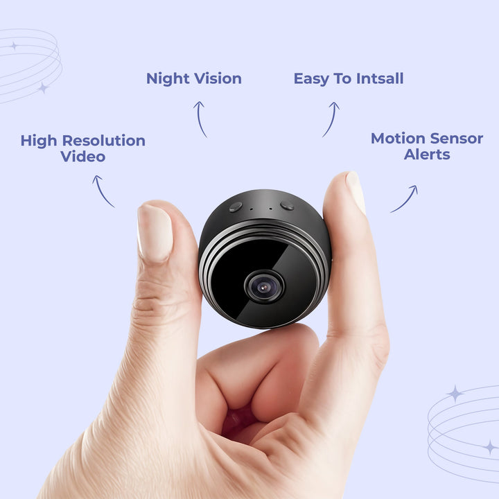 "Compact black wireless indoor security camera with 360° view, ideal for home safety. Captures 1080P HD video, WiFi-enabled."