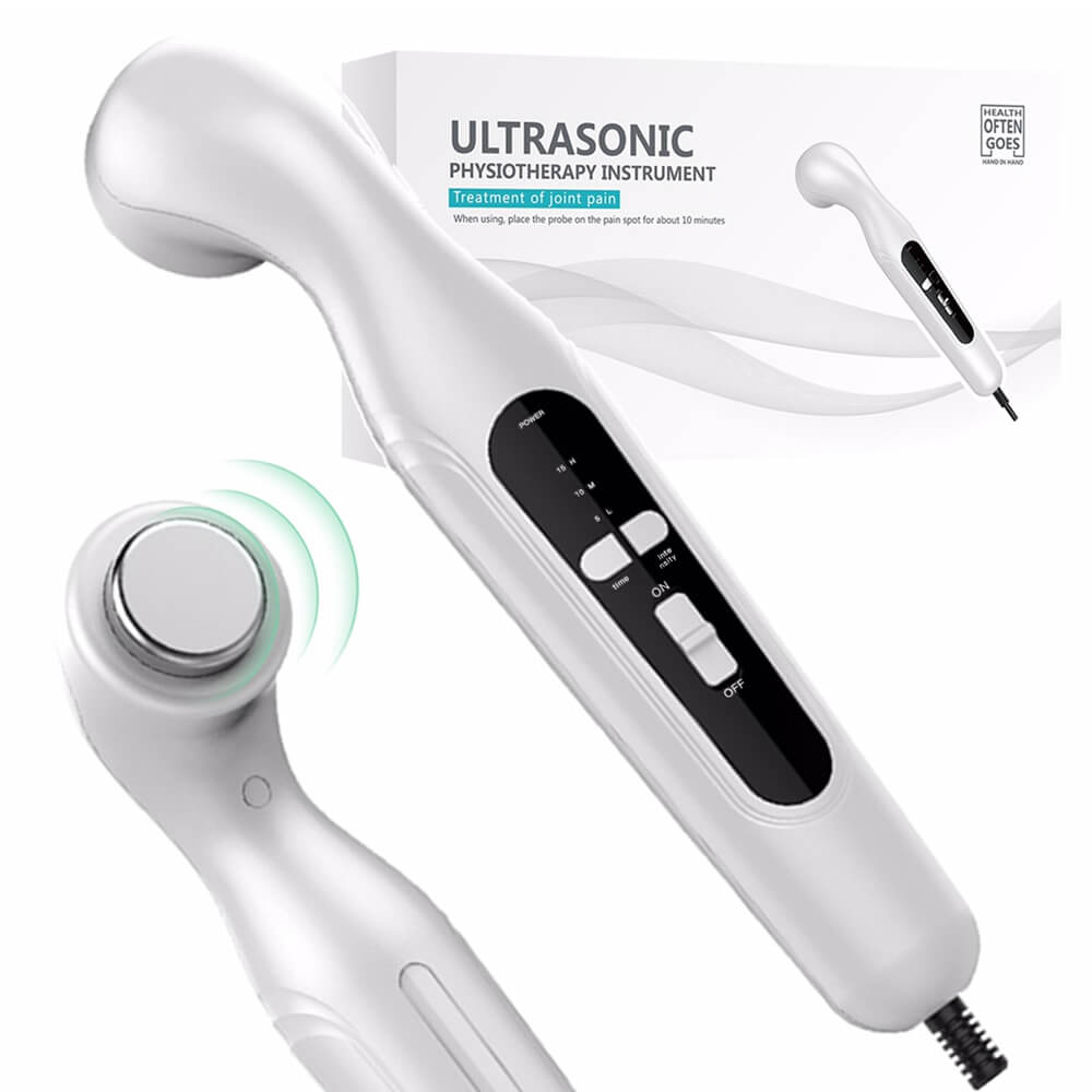 "Compact ultrasonic therapy machine for pain relief with sleek design, offering targeted comfort and muscle stimulation."