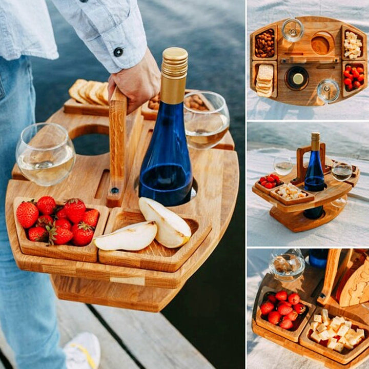 Compact wooden picnic wine table with compartments for snacks and wine, featuring a foldable, elegant design for outdoor gath
