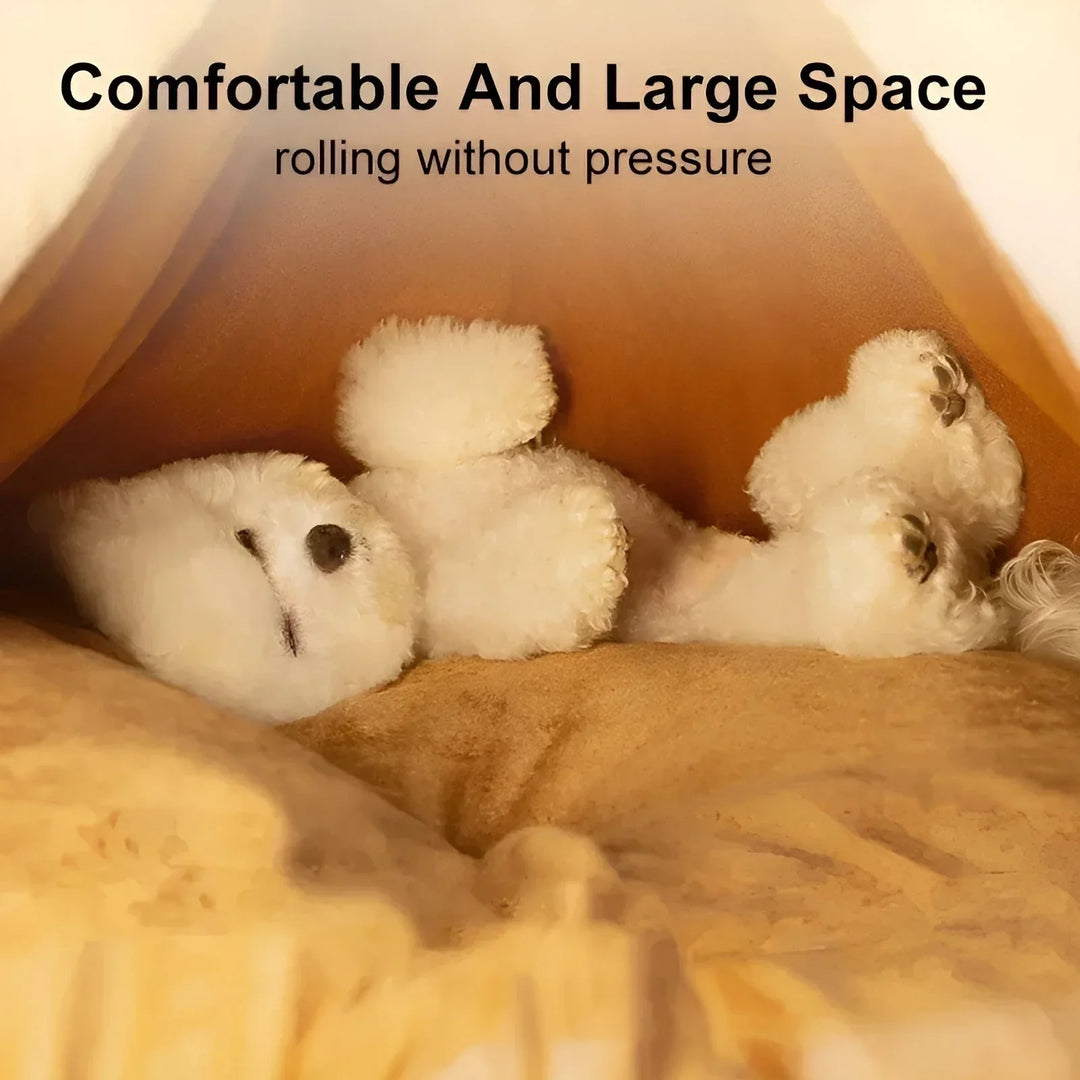 "Cosy teepee cuddle cave for dogs and cats with plush padding, heat-retentive material, and chic design for comfort and style