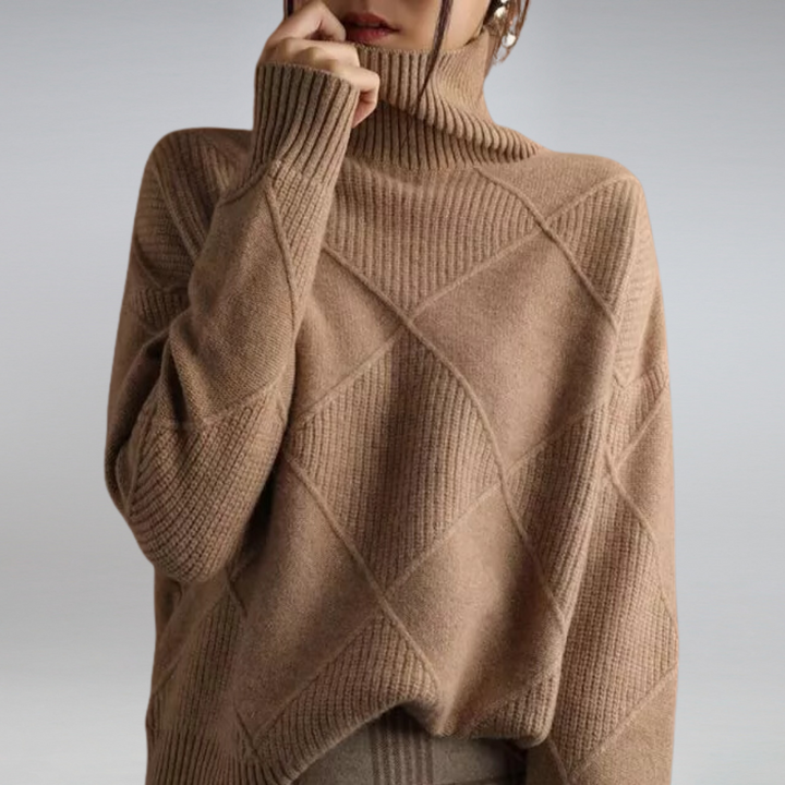 "Cozy cashmere women's turtleneck sweater, rib-knit design, available in beige, black, brown, grey, orange, pink, turquoise, 