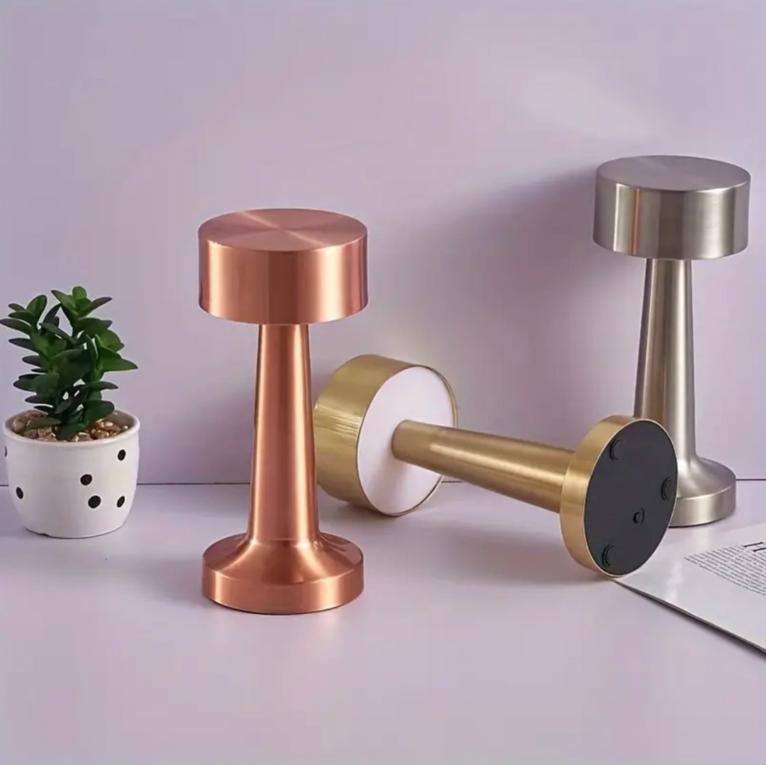 "Elegant cordless dimmable LED table lamp with touch control, ideal for living rooms and bedrooms in gold, rose gold, or silv