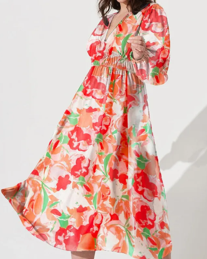 Elegant floral maxi dress with vibrant patterns, graceful flow, and versatile design for any formal occasion or event.