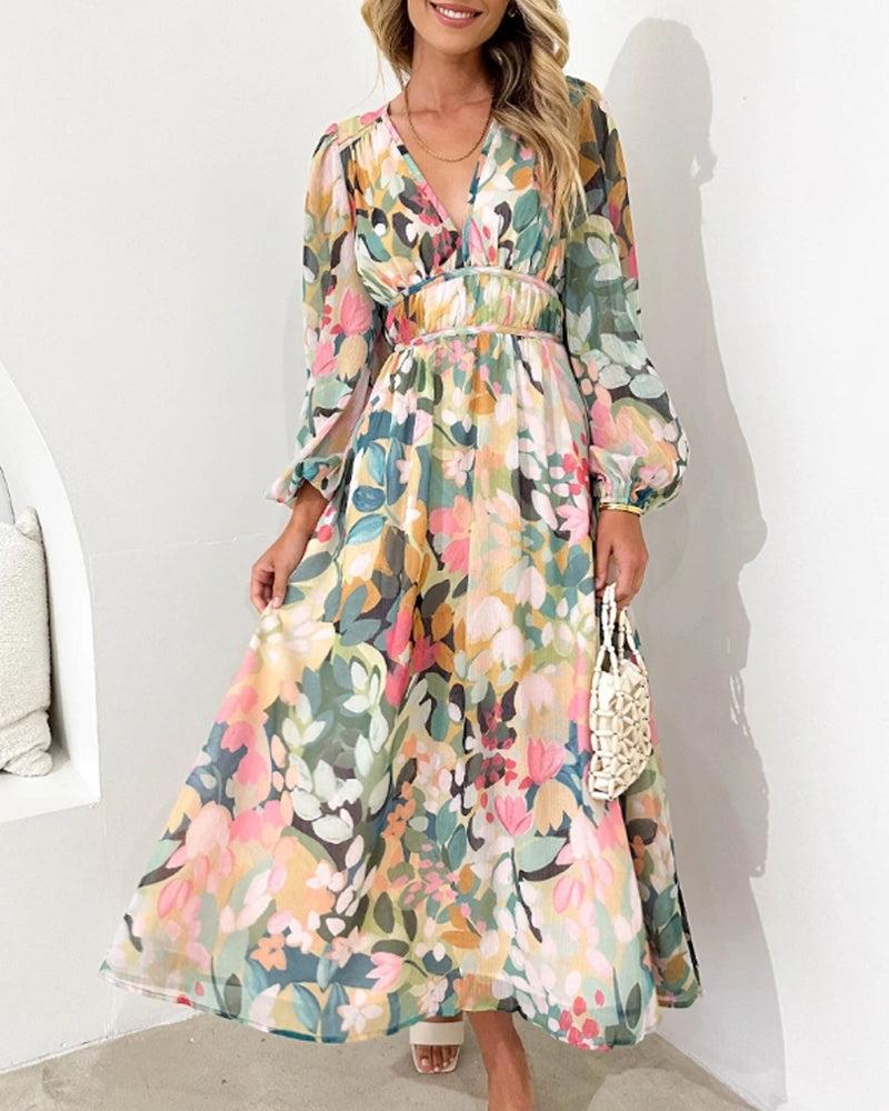 Elegant floral maxi dress with vibrant patterns, graceful flow, and versatile design for any formal occasion or event.