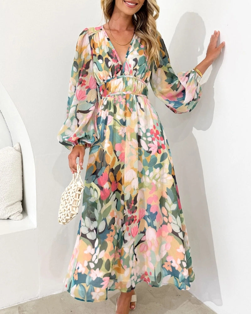 Elegant floral maxi dress with vibrant patterns, graceful flow, and versatile design for any formal occasion or event.