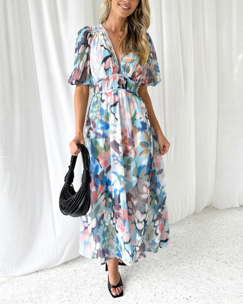 Elegant floral maxi dress with vibrant patterns, graceful flow, and versatile design for any formal occasion or event.