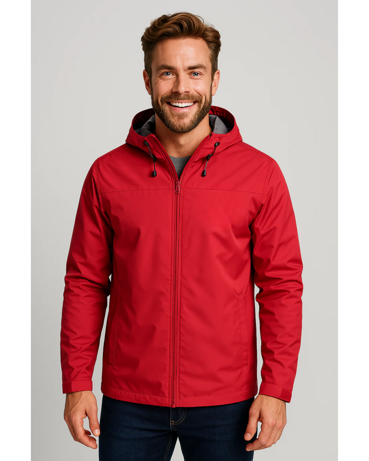 "Elegant men's water resistant autumn jacket with sleek design, featuring a minimalist style, adjustable hood, and zipper poc