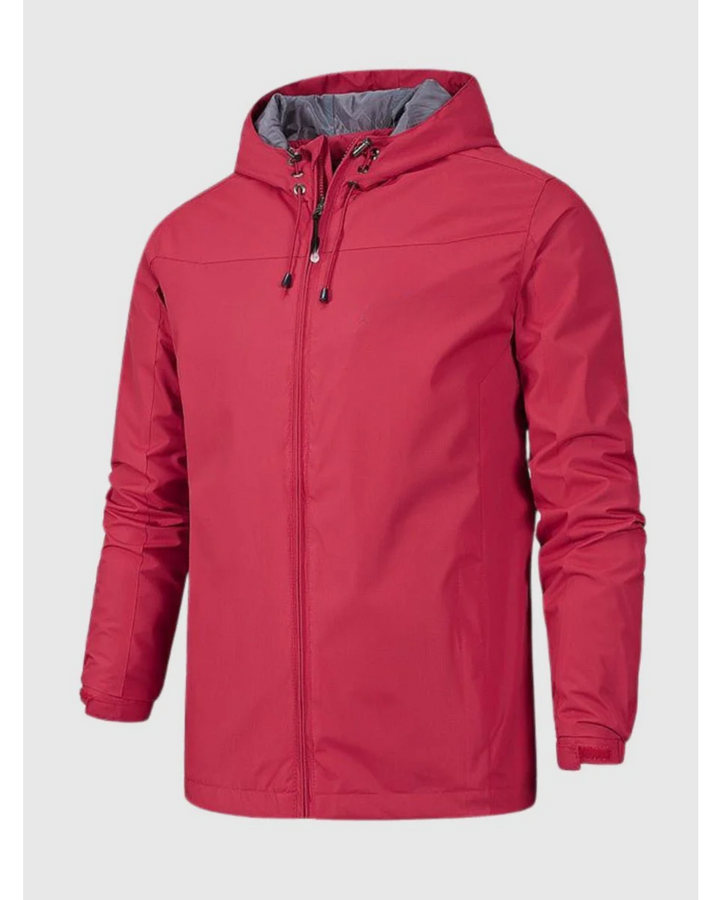 "Elegant men's water resistant autumn jacket with sleek design, featuring a minimalist style, adjustable hood, and zipper poc