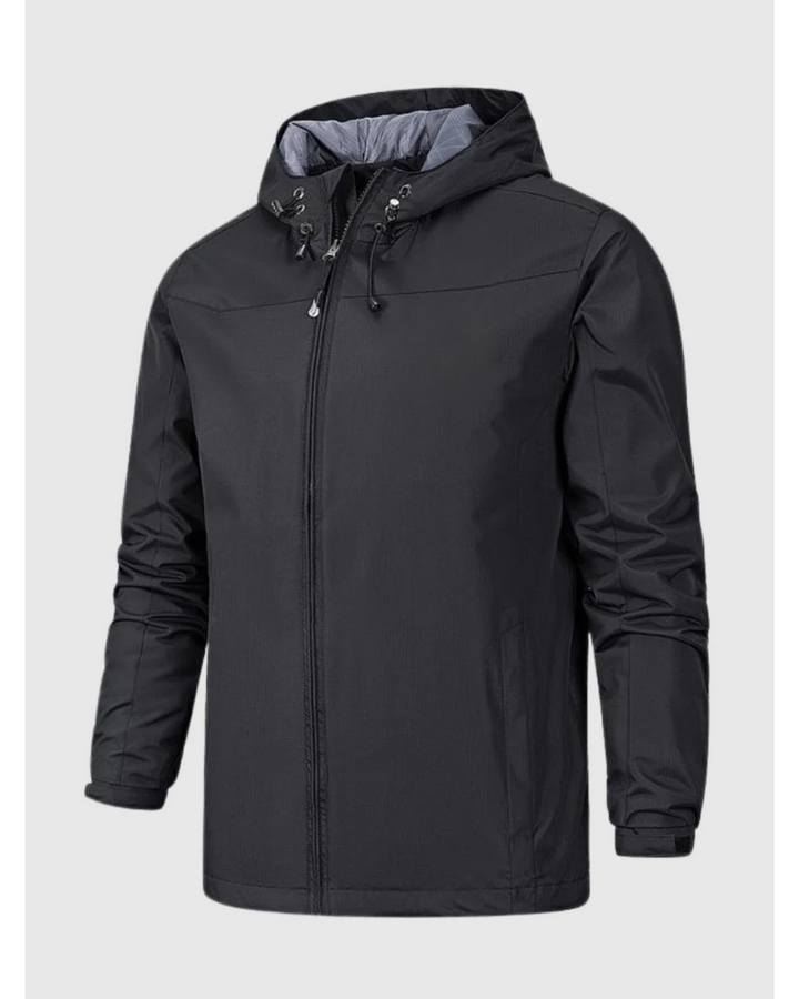 "Elegant men's water resistant autumn jacket with sleek design, featuring a minimalist style, adjustable hood, and zipper poc