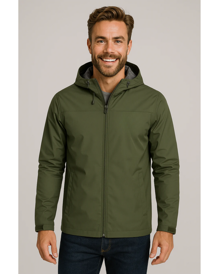 "Elegant men's water resistant autumn jacket with sleek design, featuring a minimalist style, adjustable hood, and zipper poc