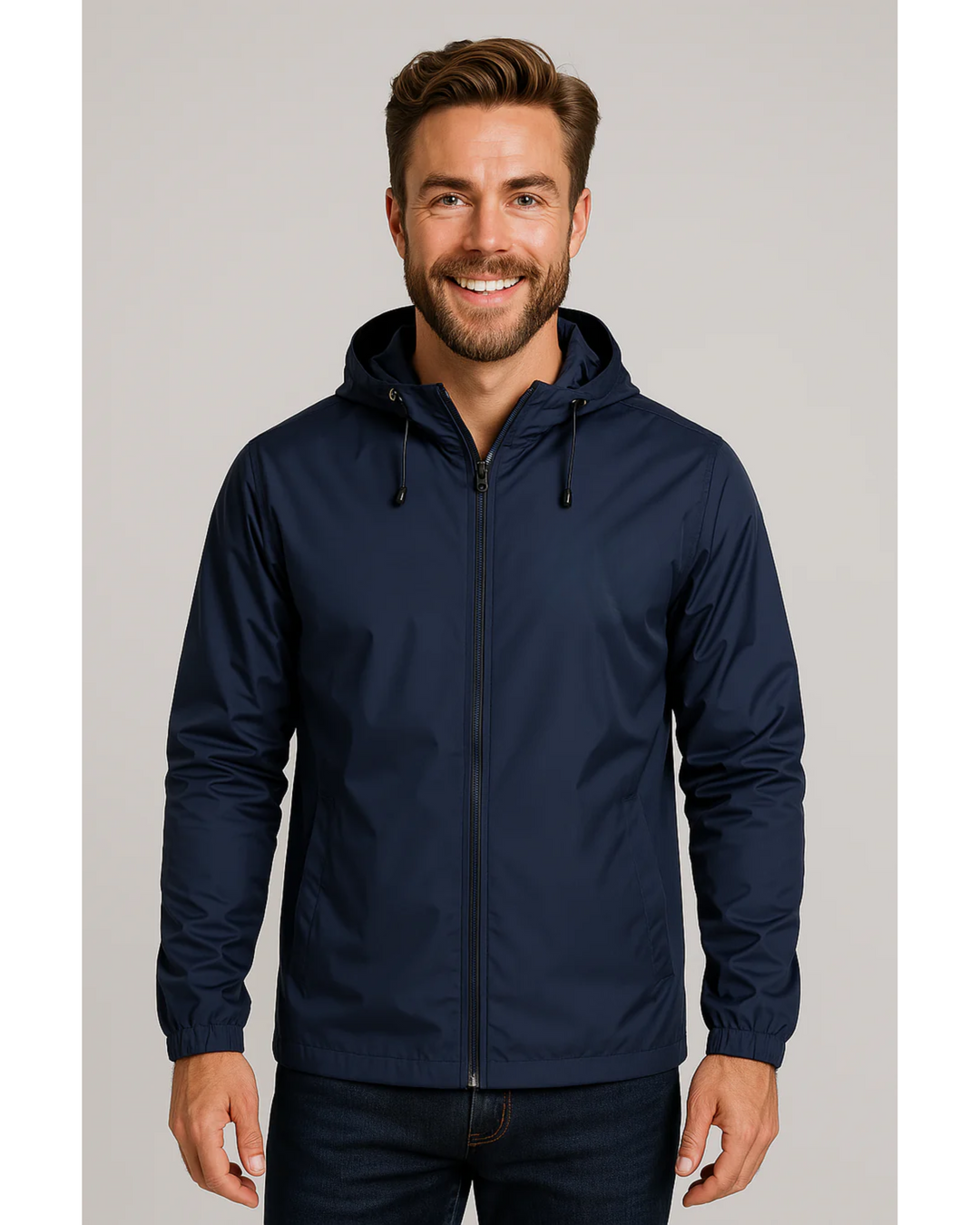 "Elegant men's water resistant autumn jacket with sleek design, featuring a minimalist style, adjustable hood, and zipper poc