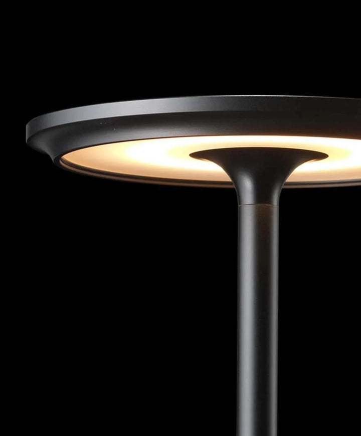 "Elegant wireless table lamp with sleek curves, gold finish; perfect for versatile ambient lighting on any table or desk."