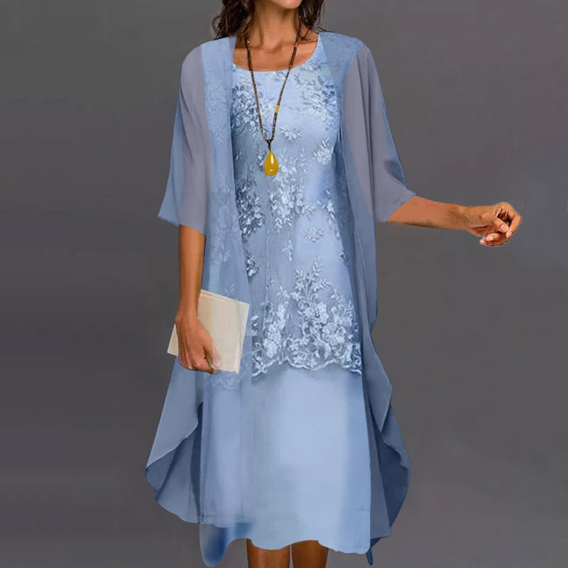 Elegant women's chiffon two-piece dress; flowing fabric, flattering fit, stylish design; front view.