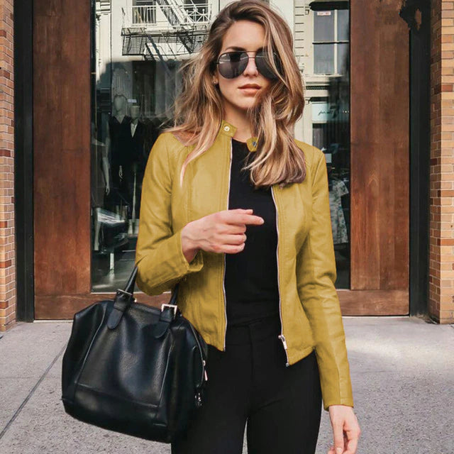 Elegant women's leather jacket, Marine Blue, chic and versatile design, timeless style for any occasion.