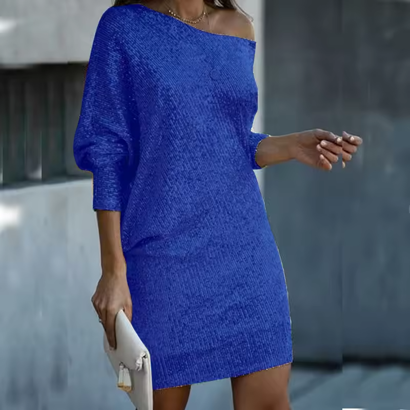 Elegant women's sequin evening dress, front view, with sleek silhouette and classic neckline, perfect for formal gatherings.