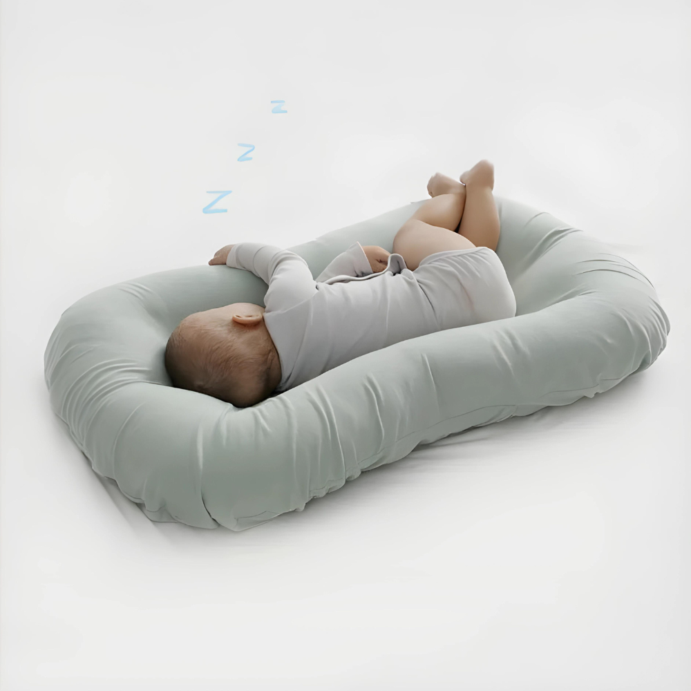 Ergonomic Breathable Baby Pillow in pink, green, and brown; hypoallergenic, provides head support, prevents flat head.
