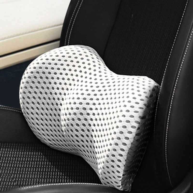 "Ergonomic Memory Foam Lumbar Support Cushion on office chair, featuring breathable cover and adjustable strap for optimal co