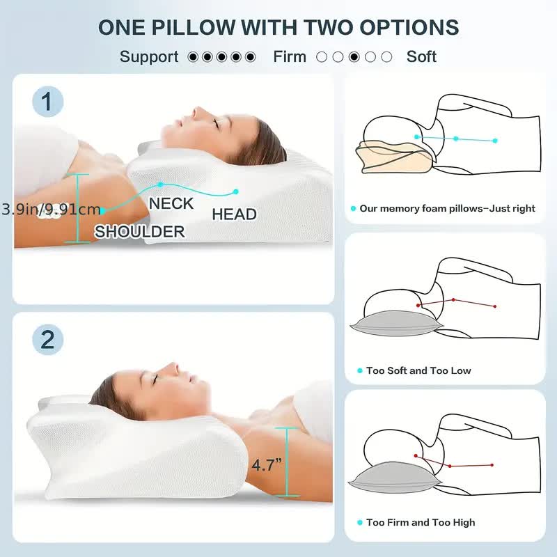 "Ergonomic butterfly memory foam neck pillow for side & back sleepers, in black or grey, promotes spinal alignment & comfort.