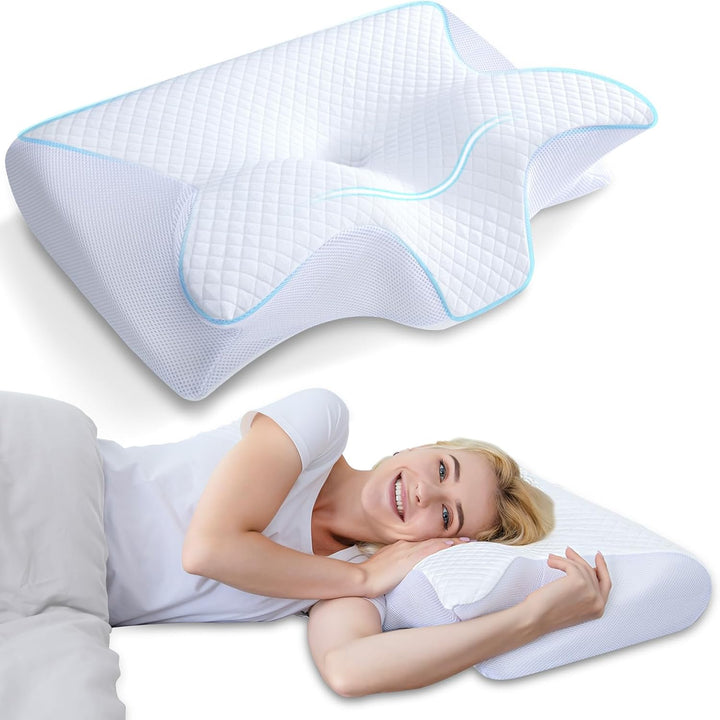 Ergonomic butterfly neck pillow, memory foam, black, grey; supports side and back sleepers, enhances neck alignment, stylish.
