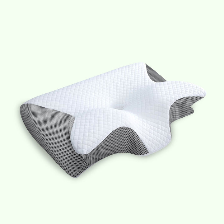 Ergonomic butterfly neck pillow, memory foam, black, grey; supports side and back sleepers, enhances neck alignment, stylish.