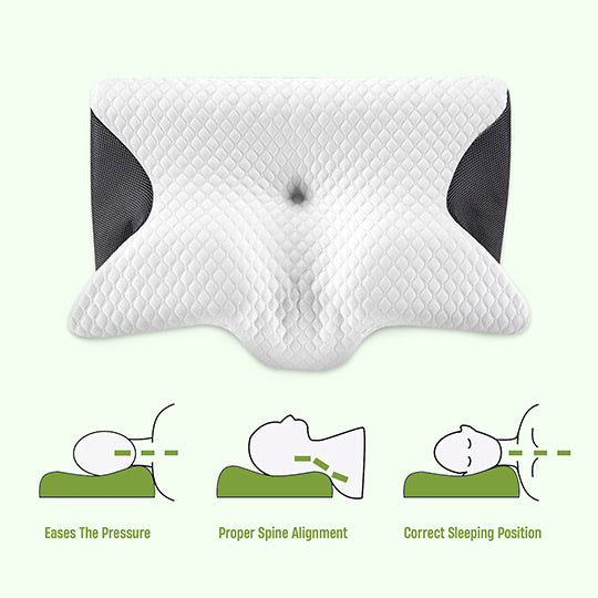 Ergonomic butterfly neck pillow, memory foam, black, grey; supports side and back sleepers, enhances neck alignment, stylish.