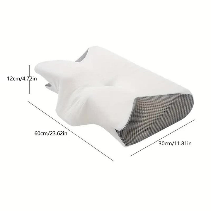 Ergonomic butterfly neck pillow, memory foam, black, grey; supports side and back sleepers, enhances neck alignment, stylish.