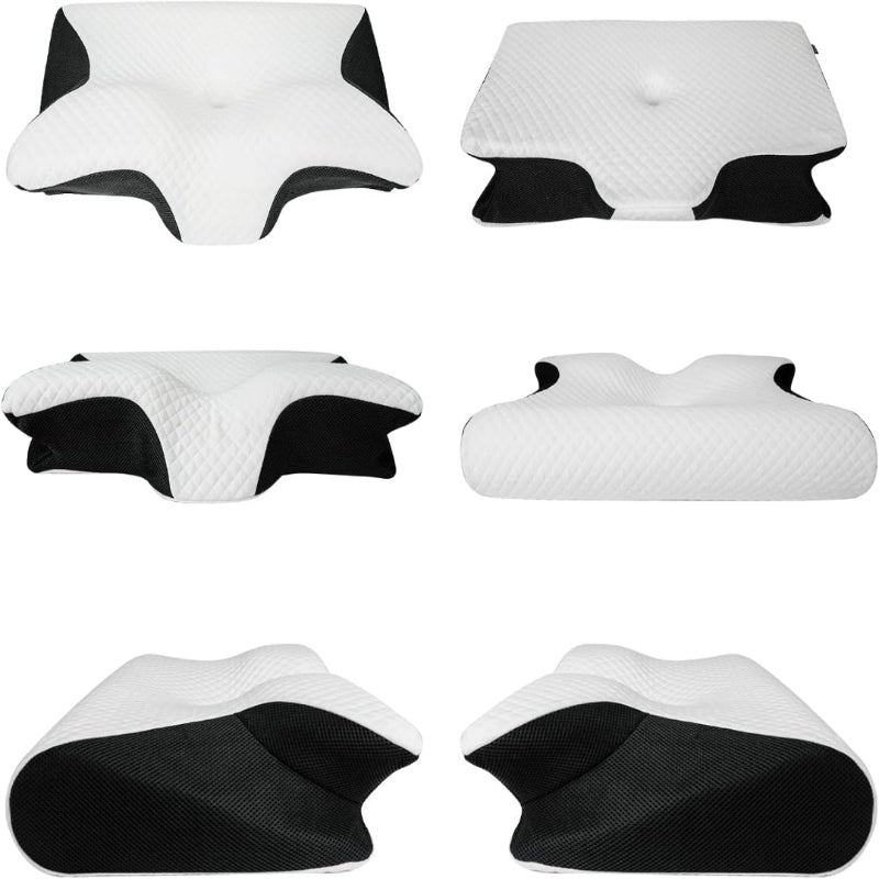 "Ergonomic butterfly pillow in blue, offering neck support and spinal alignment for restful sleep on side, back, or stomach."