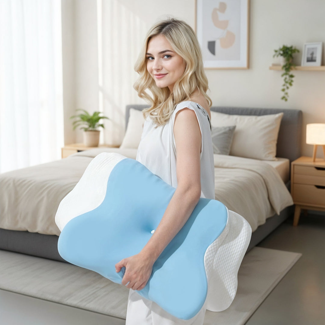 "Ergonomic butterfly-shaped memory foam pillow offering neck support, shown in stylish blue with breathable fabric design."