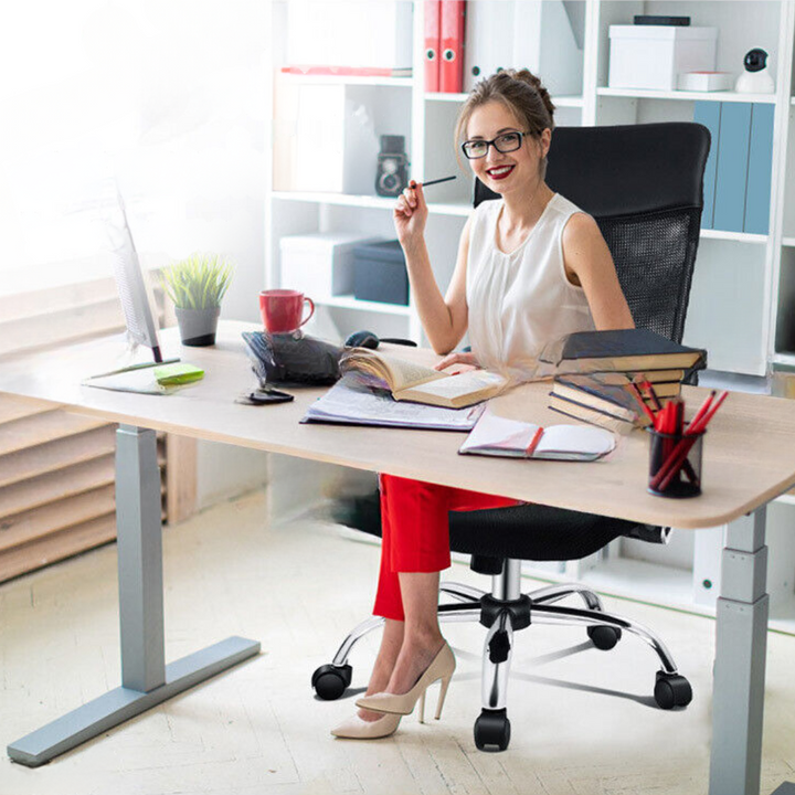 "Ergonomic high back black office chair with lumbar support, sleek design, breathable mesh fabric, and padded comfort feature