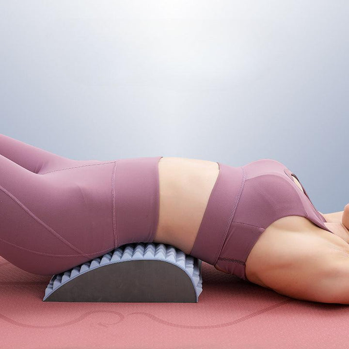 "Ergonomic lumbar back stretcher for pain relief, durable EVA foam, soft massage nodes, blue, ideal for posture correction."